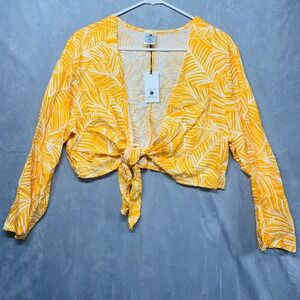 Shade & Shore Yellow Palm Leaf Print Tie Front Cropped Long Sleeve Blouse XL‎